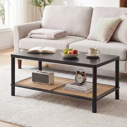 Boho Coffee Table with Rattan Storage Shelf