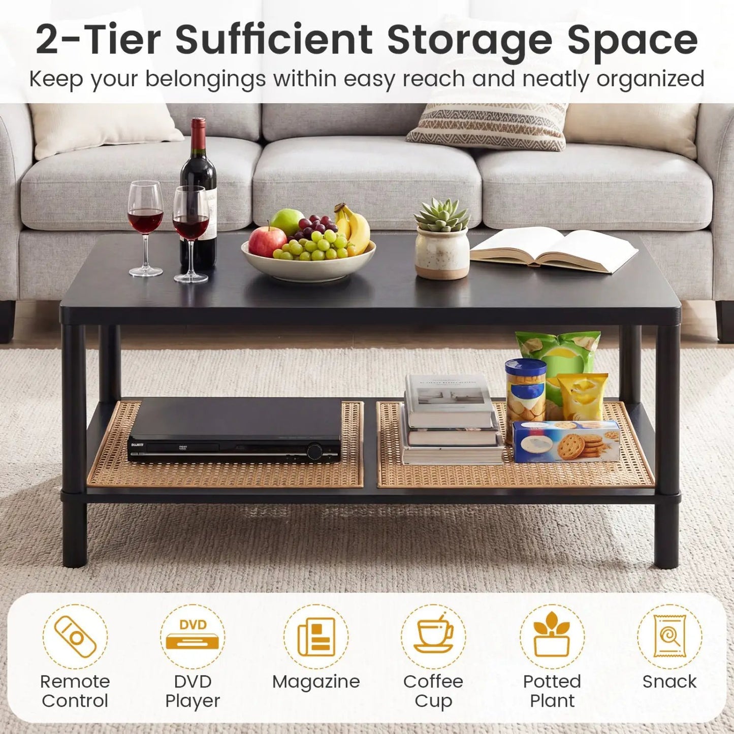 Boho Coffee Table with Rattan Storage Shelf