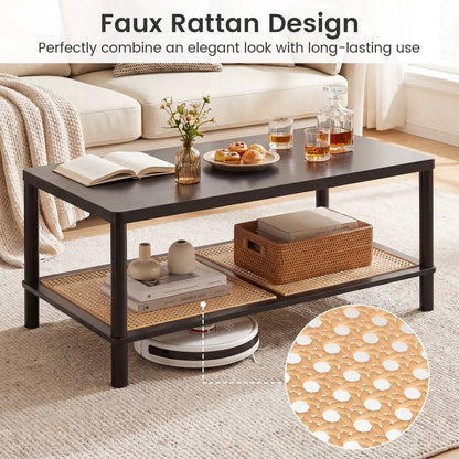 Boho Coffee Table with Rattan Storage Shelf