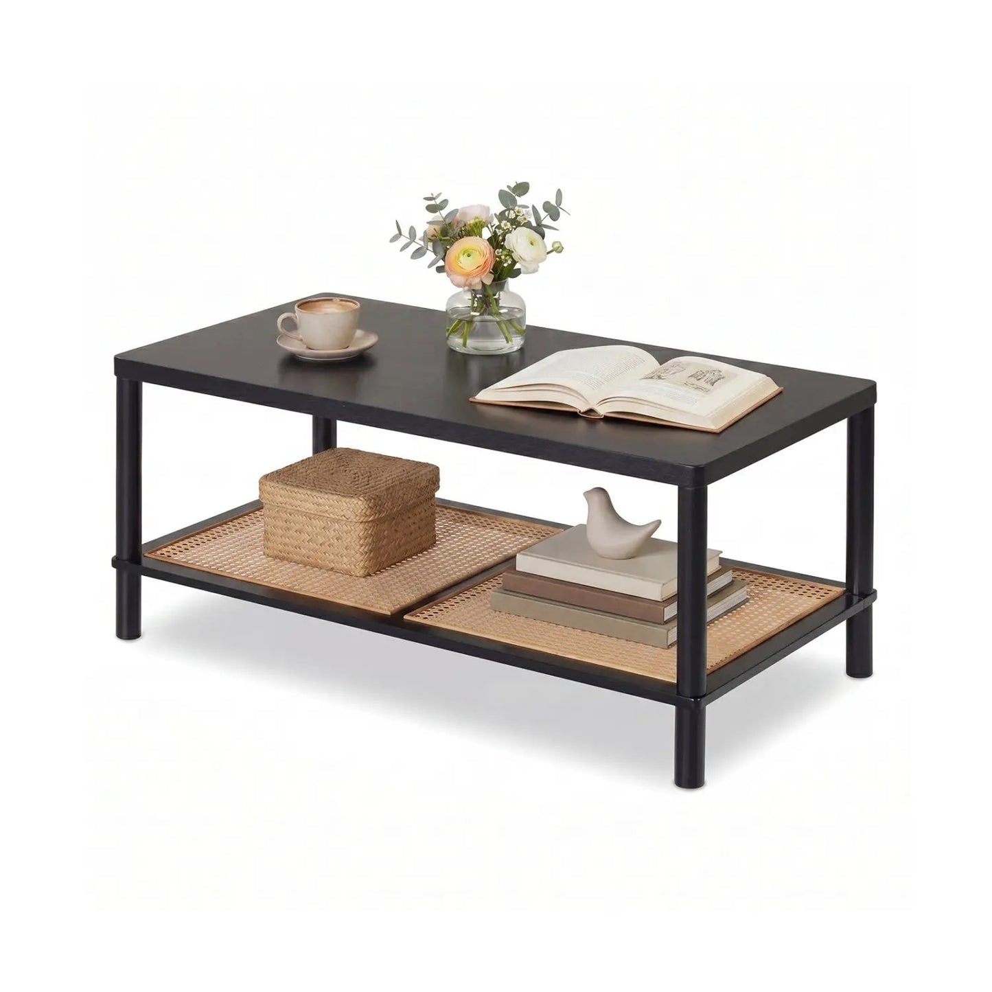 Boho Coffee Table with Rattan Storage Shelf