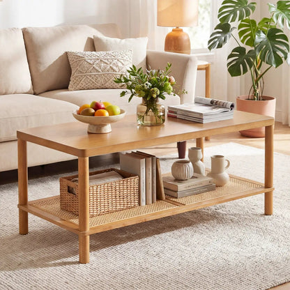 Boho Coffee Table with Rattan Storage Shelf