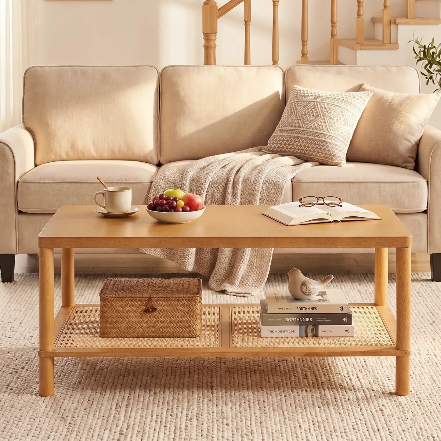 Boho Coffee Table with Rattan Storage Shelf