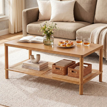 Boho Coffee Table with Rattan Storage Shelf
