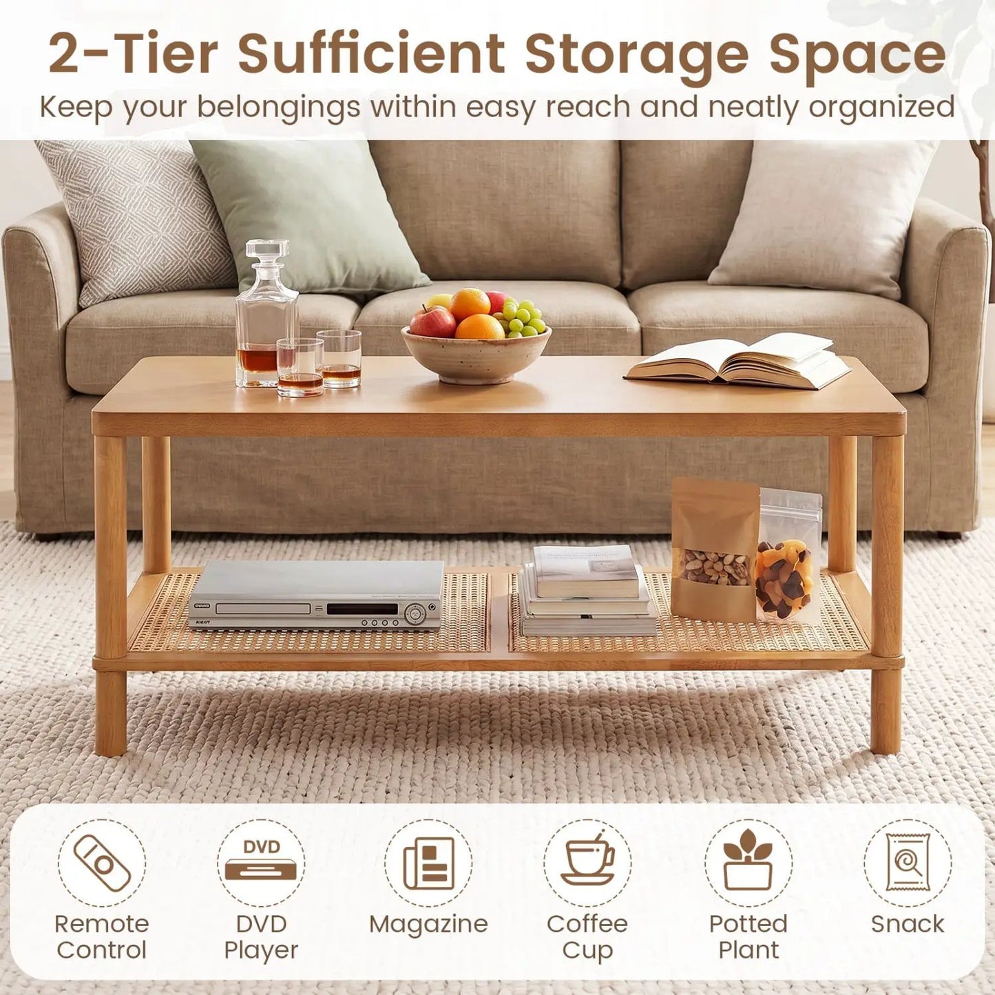 Boho Coffee Table with Rattan Storage Shelf