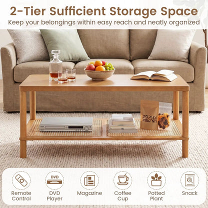 Boho Coffee Table with Rattan Storage Shelf
