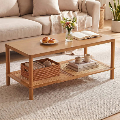 Boho Coffee Table with Rattan Storage Shelf