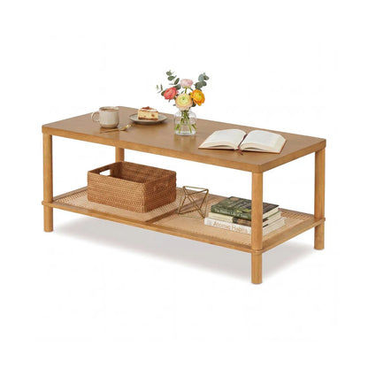 Boho Coffee Table with Rattan Storage Shelf