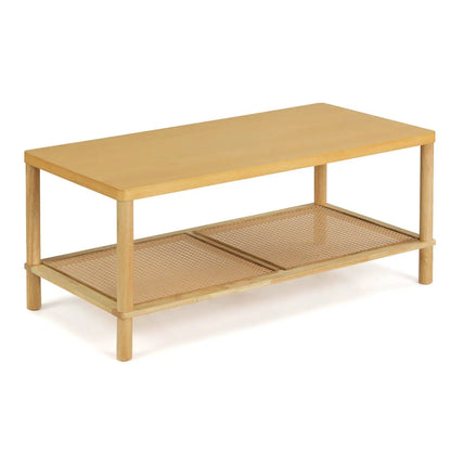 Boho Coffee Table with Rattan Storage Shelf