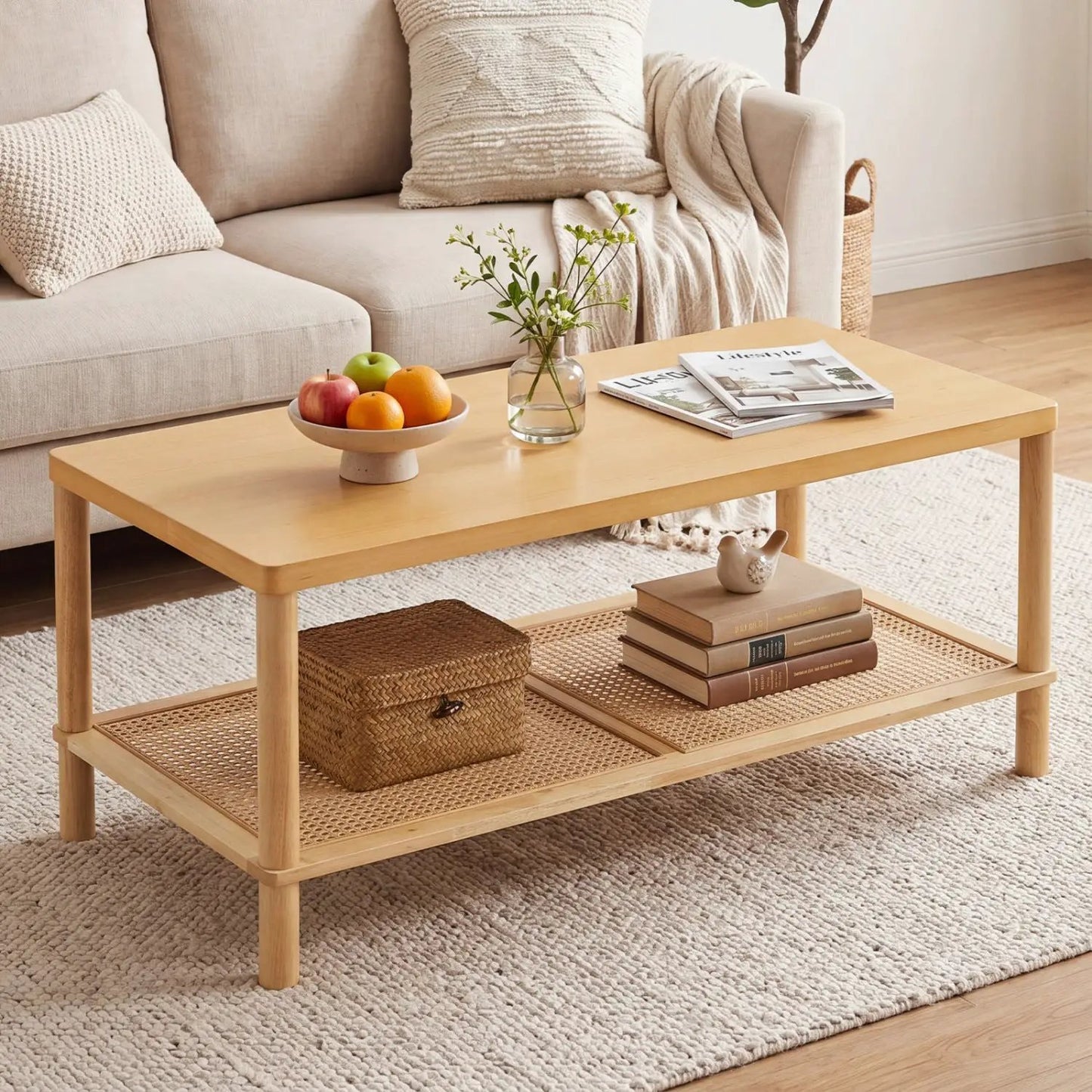 Boho Coffee Table with Rattan Storage Shelf