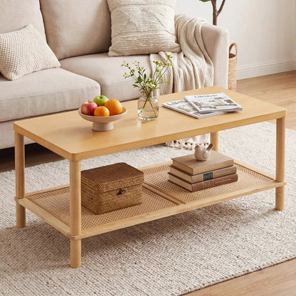 Boho Coffee Table with Rattan Storage Shelf