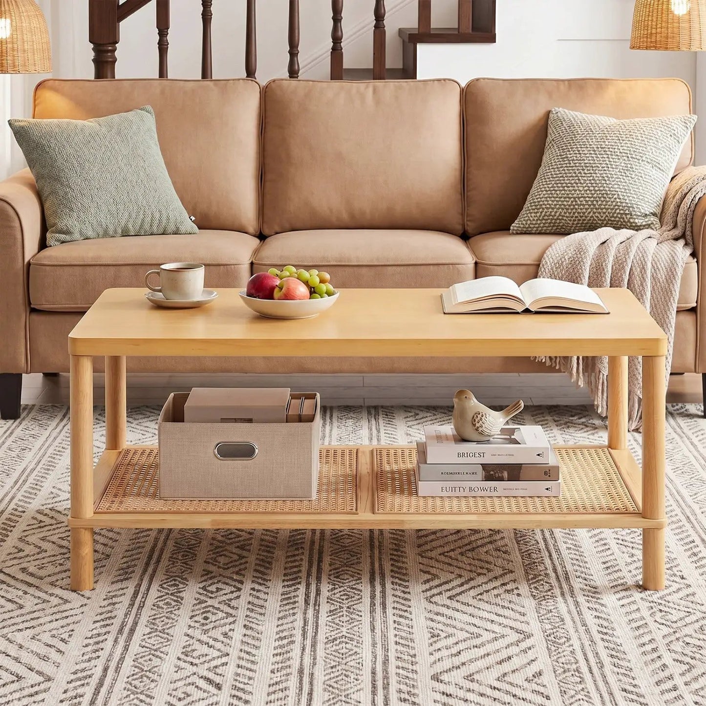 Boho Coffee Table with Rattan Storage Shelf