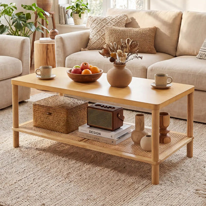 Boho Coffee Table with Rattan Storage Shelf
