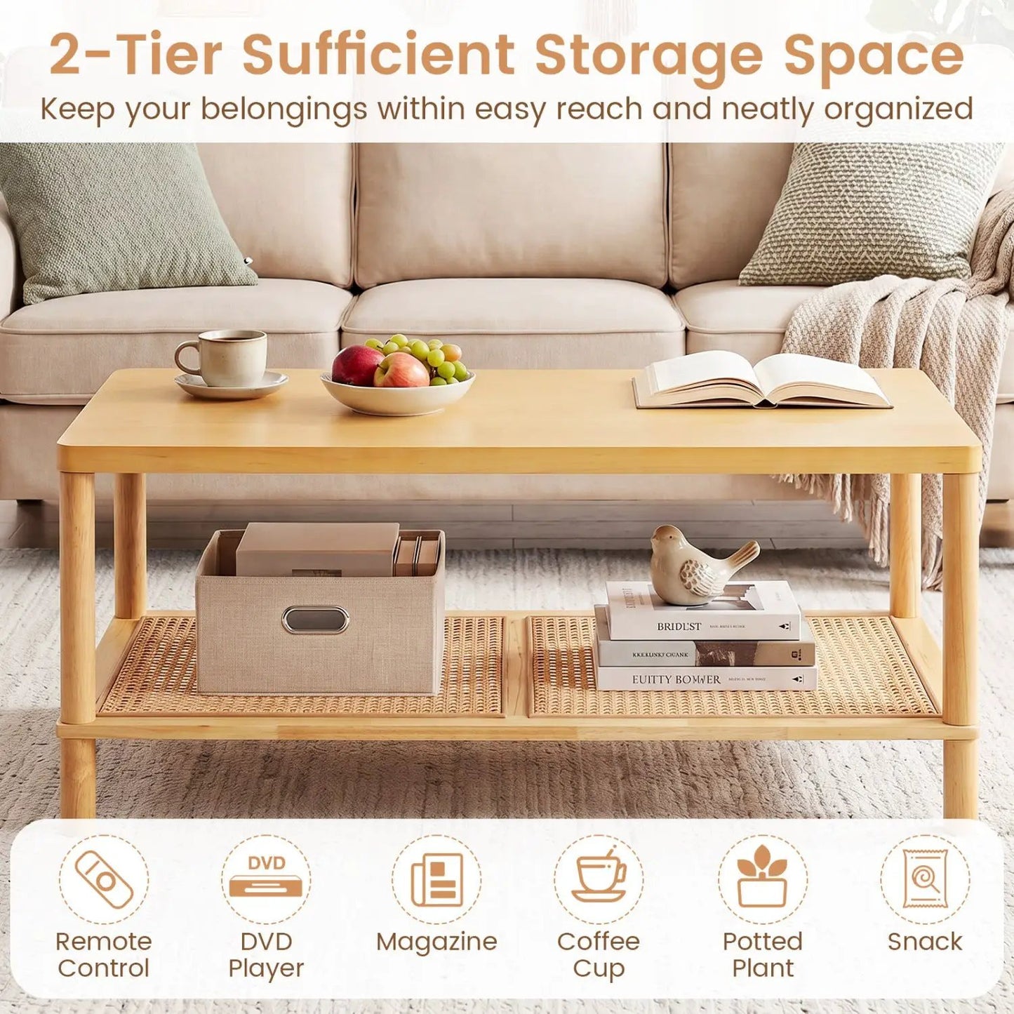 Boho Coffee Table with Rattan Storage Shelf