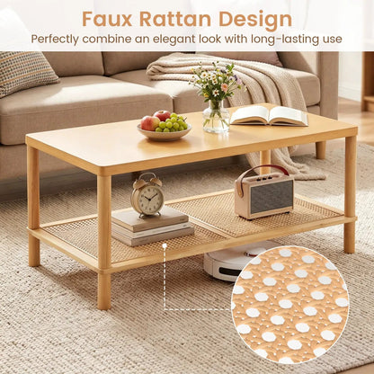Boho Coffee Table with Rattan Storage Shelf