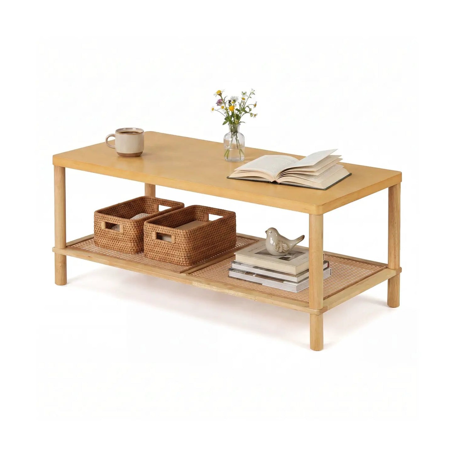 Boho Coffee Table with Rattan Storage Shelf