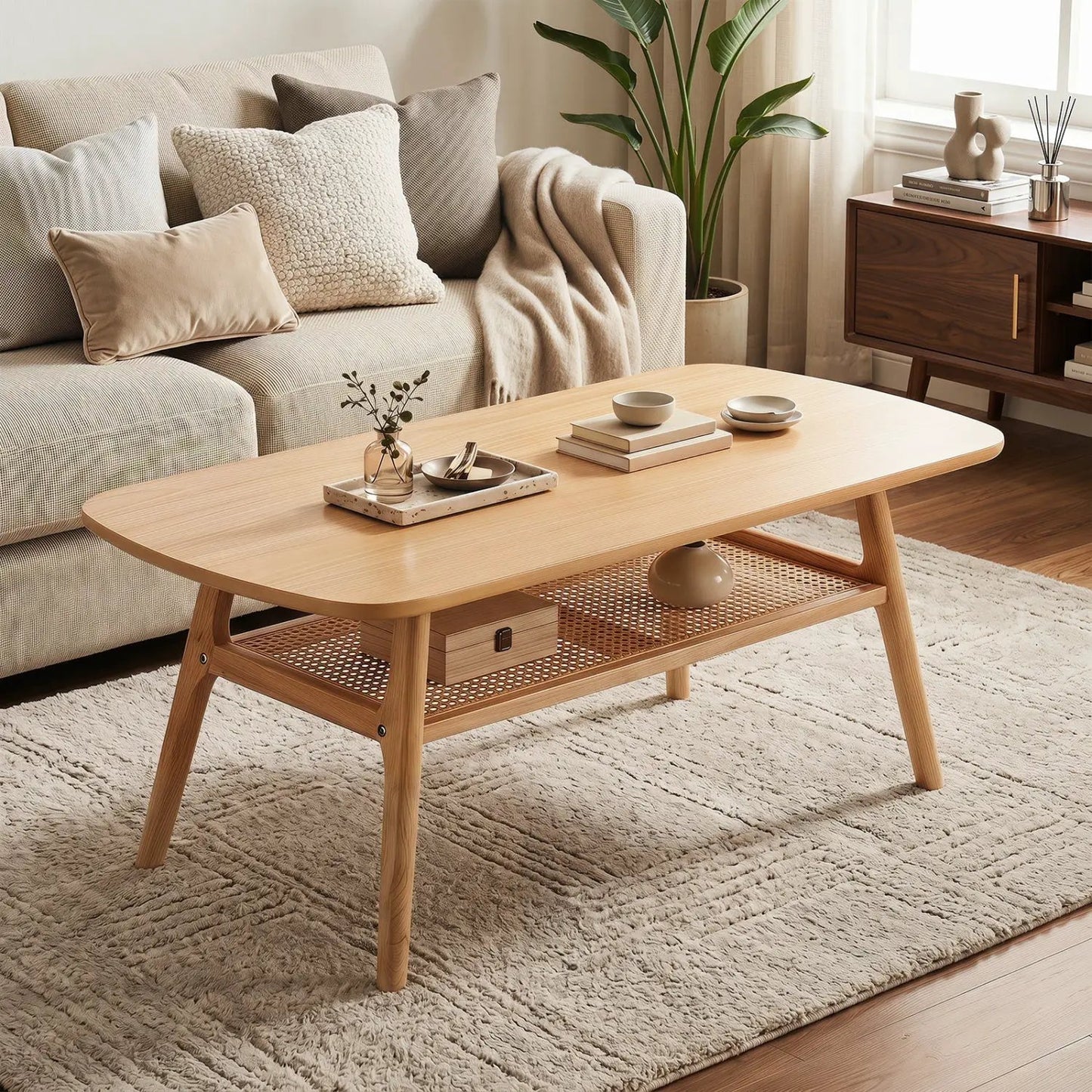 2 Tier Rattan Coffee Table With Rounded Corners