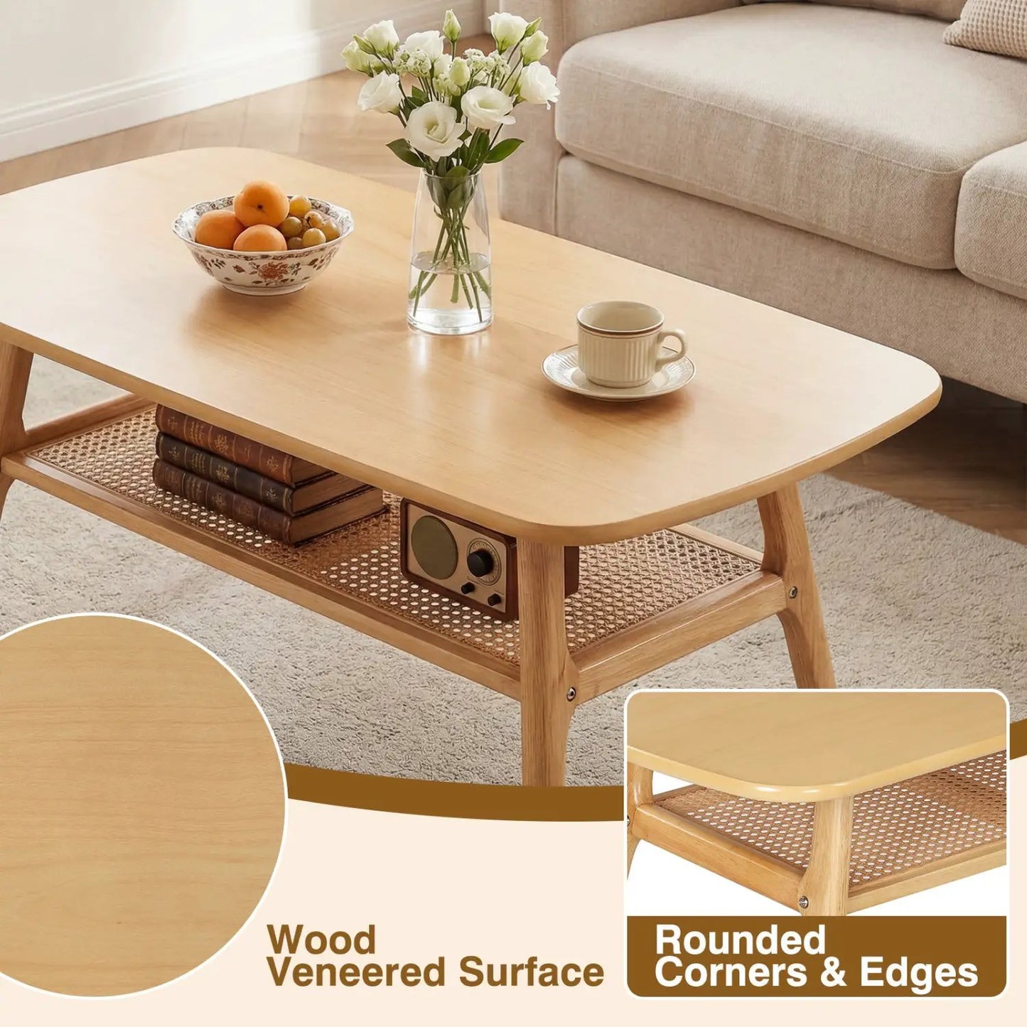 2 Tier Rattan Coffee Table With Rounded Corners