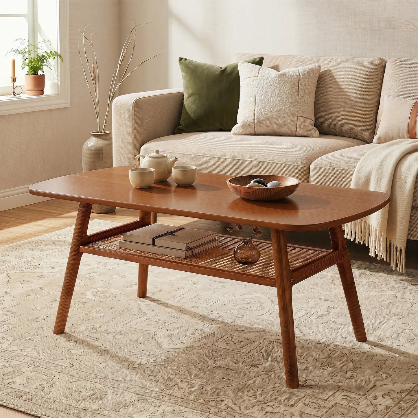 2 Tier Rattan Coffee Table With Rounded Corners