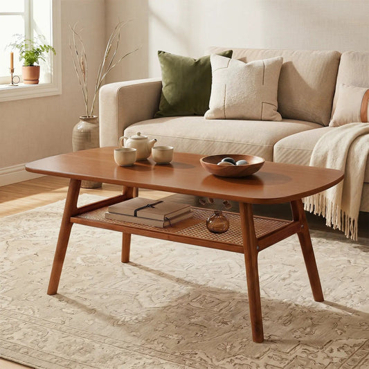 2-Tier Rattan Coffee Table with rounded corners, lower shelf, warm wood finish on Tampa Home & Garden Store