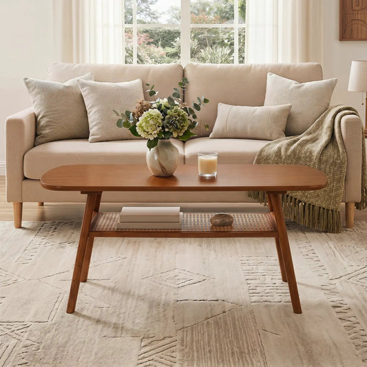 2-Tier Rattan Coffee Table with Rounded Corners by DirectDeals in warm walnut finish on Tampa Home & Garden Store