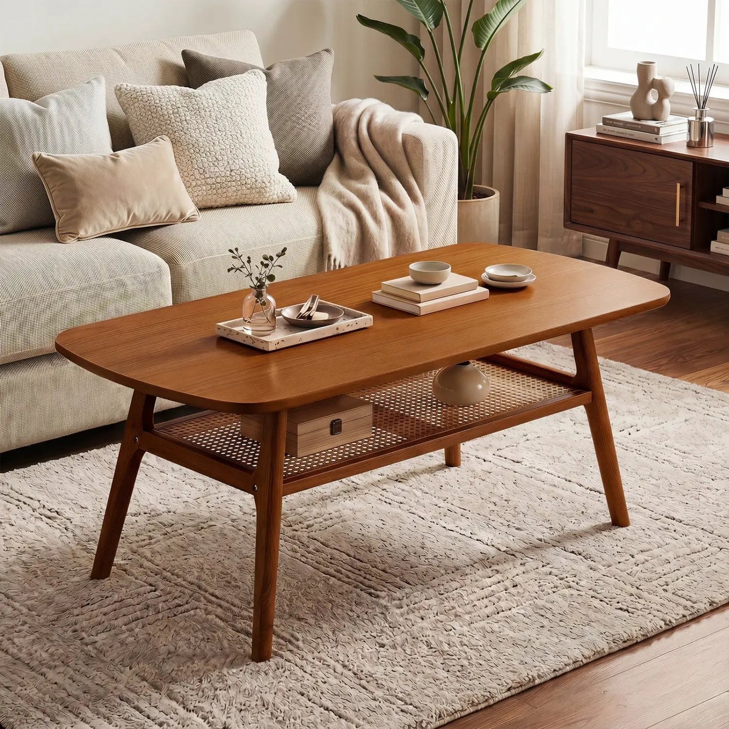 2 Tier Rattan Coffee Table With Rounded Corners