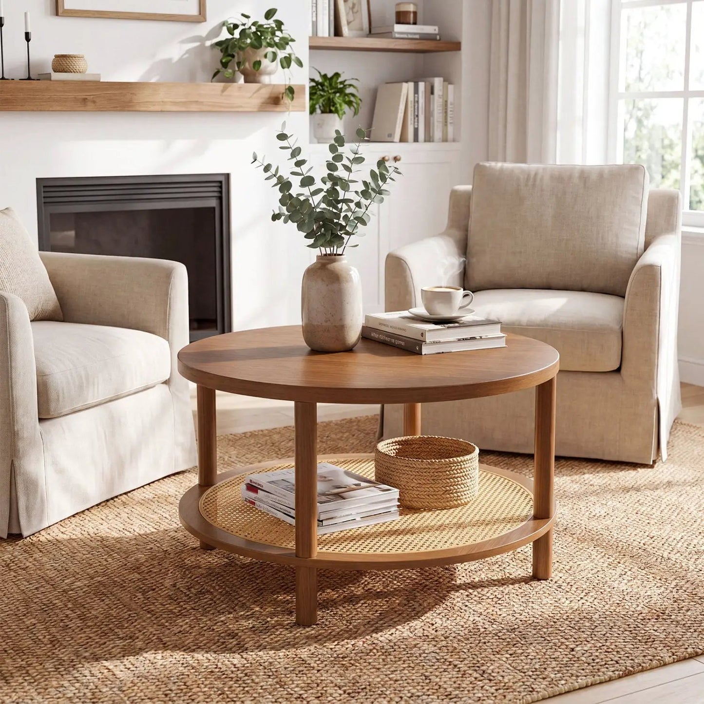 Round Rattan Coffee Table With Storage Shelf