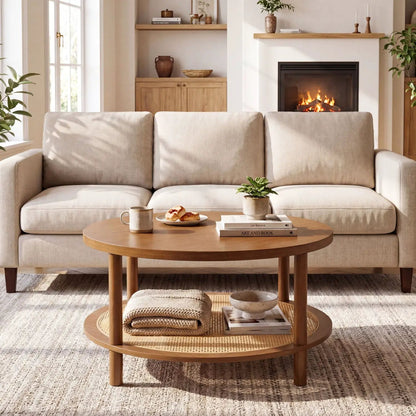 Round Rattan Coffee Table With Storage Shelf