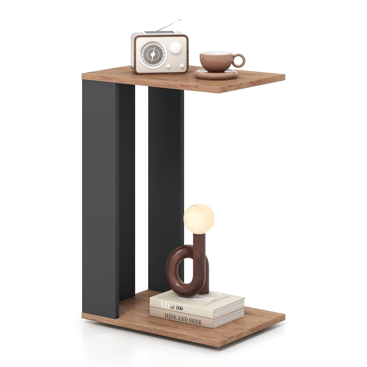 Mesa auxiliar en forma de C de 2 niveles con ruedas universales y estante - Marrón rústico