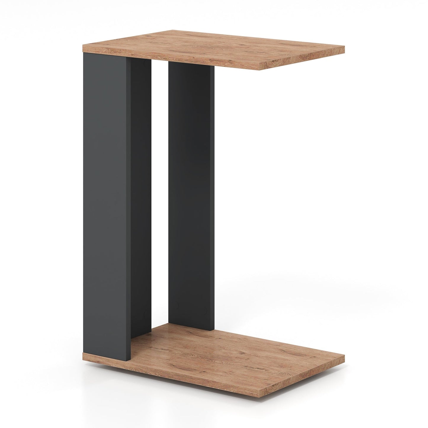 Mesa auxiliar en forma de C de 2 niveles con ruedas universales y estante - Marrón rústico