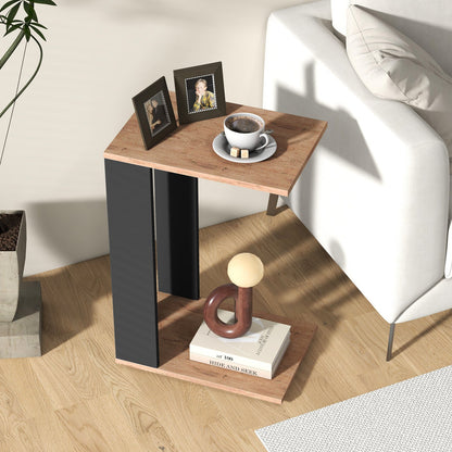 Mesa auxiliar en forma de C de 2 niveles con ruedas universales y estante - Marrón rústico