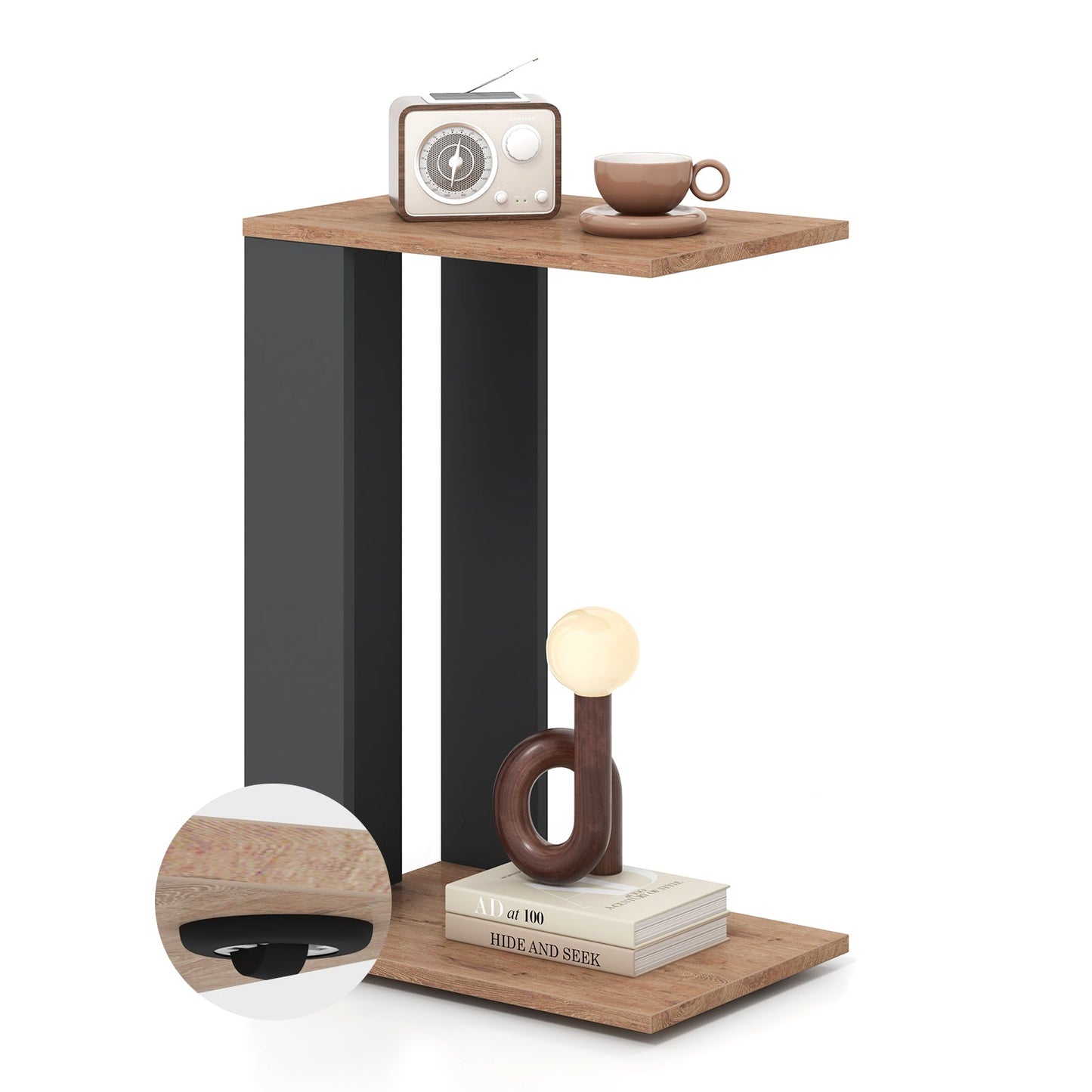 Mesa auxiliar en forma de C de 2 niveles con ruedas universales y estante - Marrón rústico