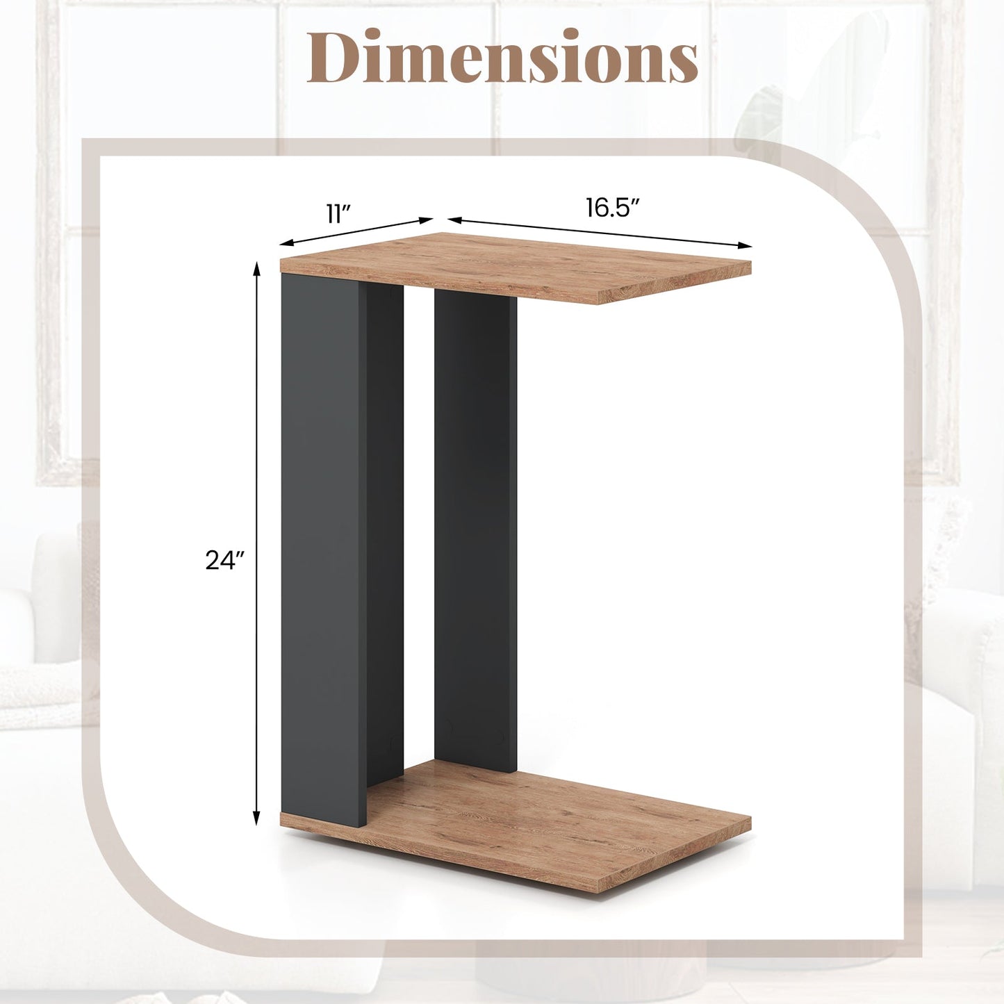 Mesa auxiliar en forma de C de 2 niveles con ruedas universales y estante - Marrón rústico