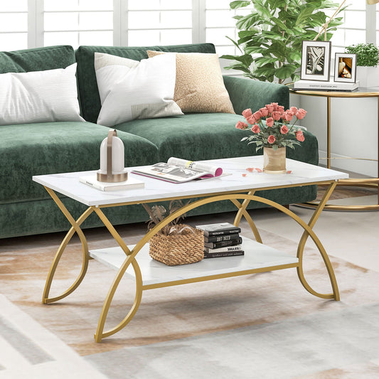 2-Tier Rectangle Coffee Table with Marble Pattern Top by DirectDeals, white top and gold legs on Tampa Home & Garden Store