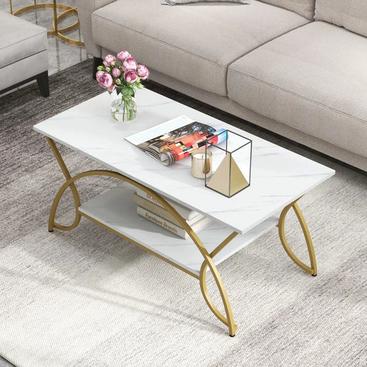 DirectDeals 2-Tier Rectangle Coffee Table with Marble Pattern Top, marble top and gold legs on Tampa Home & Garden Store