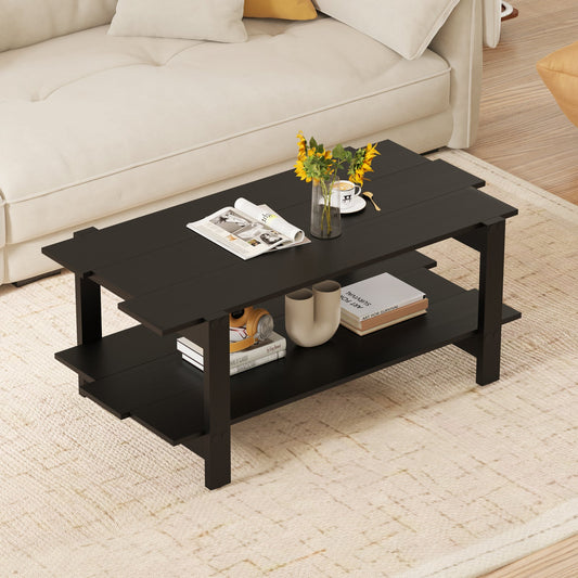2-Tier Coffee Table Slatted Wood Center Table with Storage Shelf-Black - Tampa Home & Garden Store