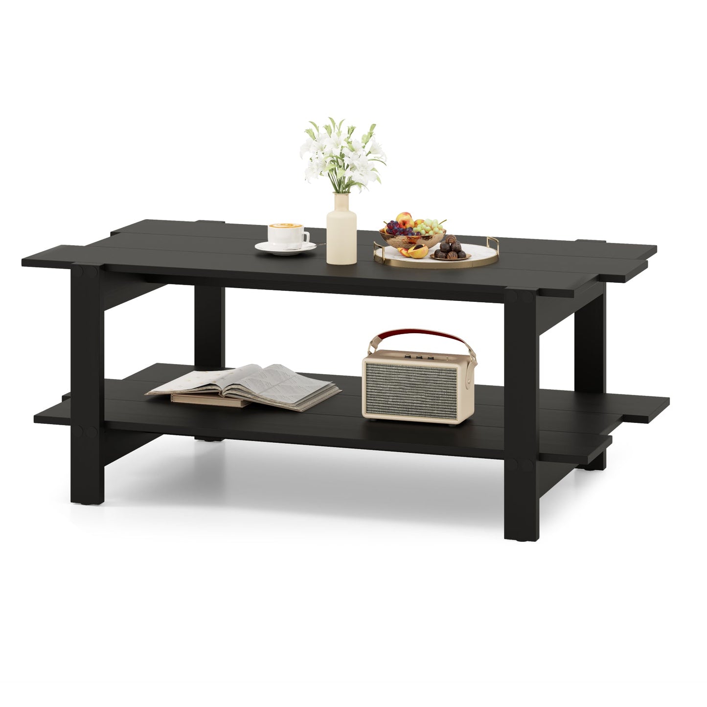 Mesa de centro de madera de 2 niveles con estante de almacenamiento y listones-Negro