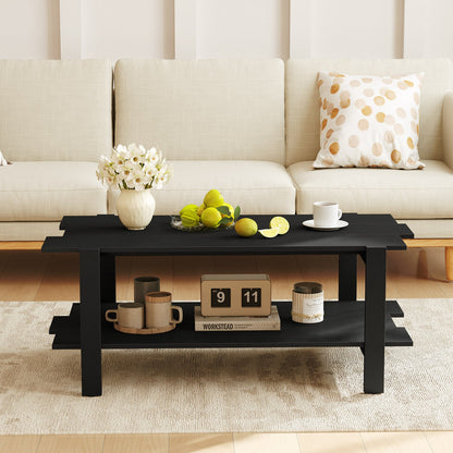 Mesa de centro de madera de 2 niveles con estante de almacenamiento y listones-Negro
