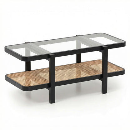 2-Tier Coffee Table with Storage and Tempered Glass Tabletop-Brown