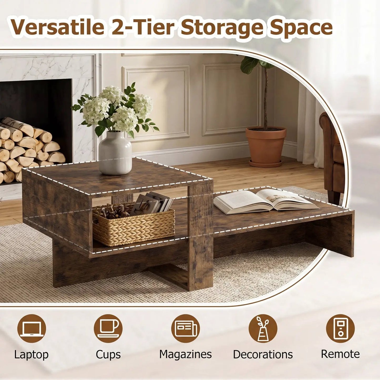 2-Tier Coffee Table with Open Storage Shelf