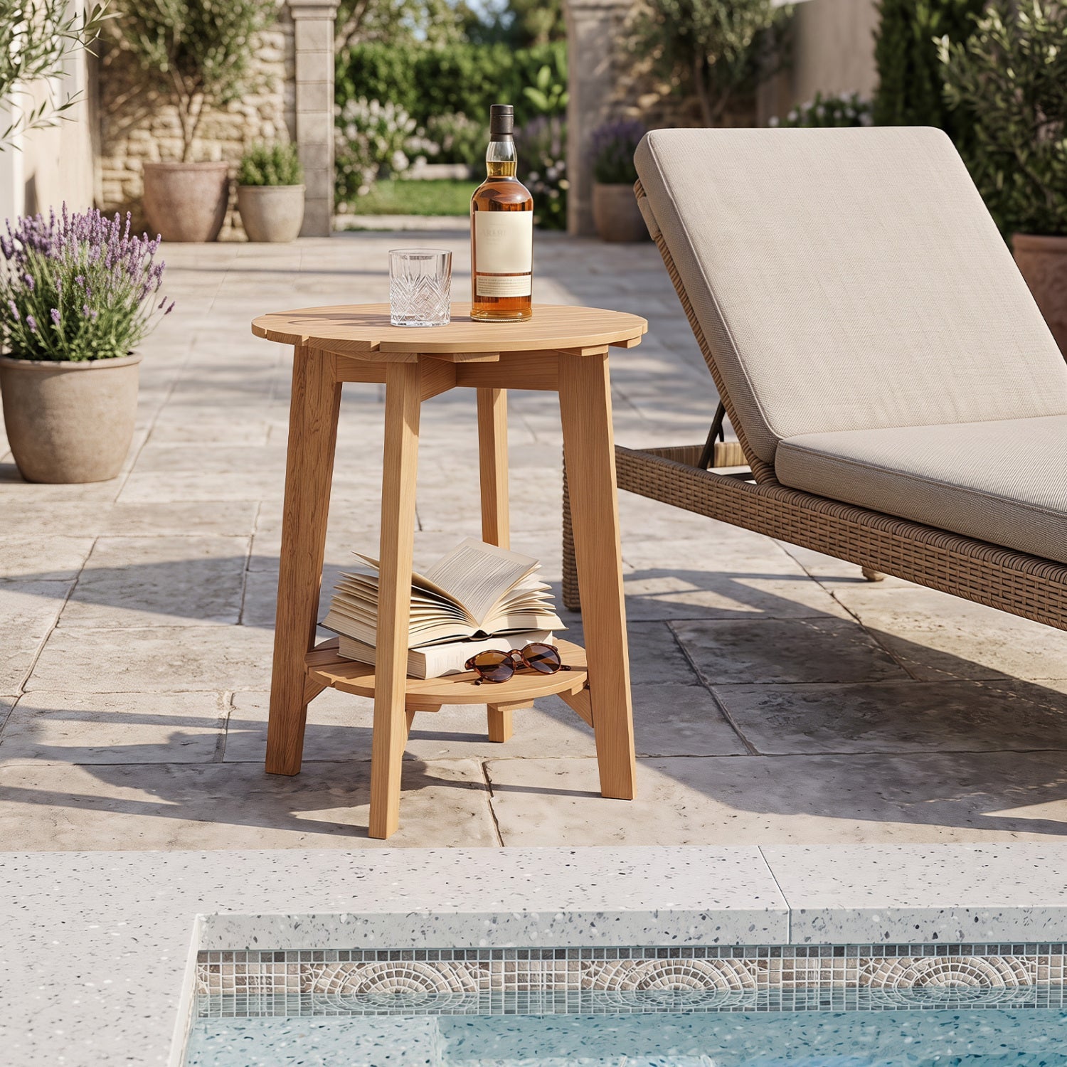2-Tier Eucalyptus Wood Patio Side Table with Storage Shelf DirectDeals poolside on Tampa Home & Garden Store