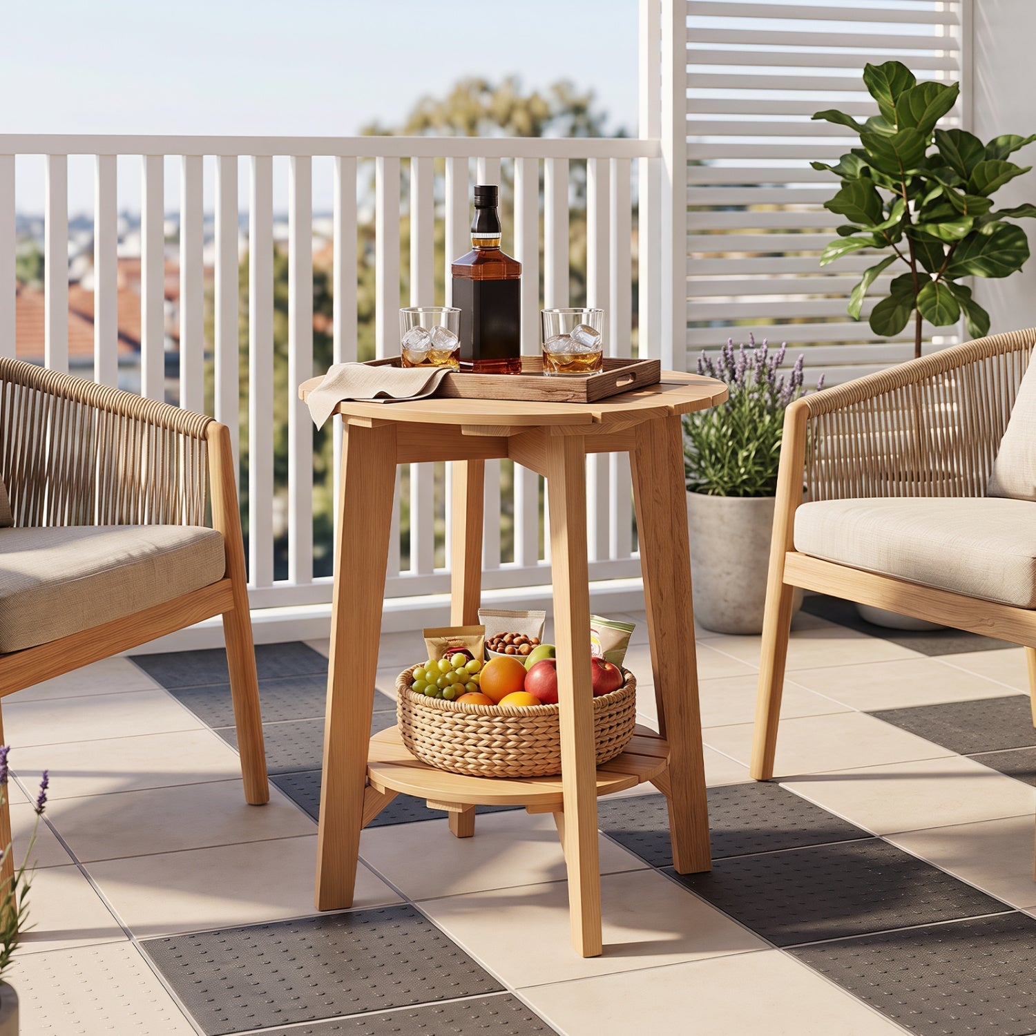 2-Tier eucalyptus wood patio side table with storage shelf DirectDeals, natural wood finish on balcony on Tampa Home & Garden Store