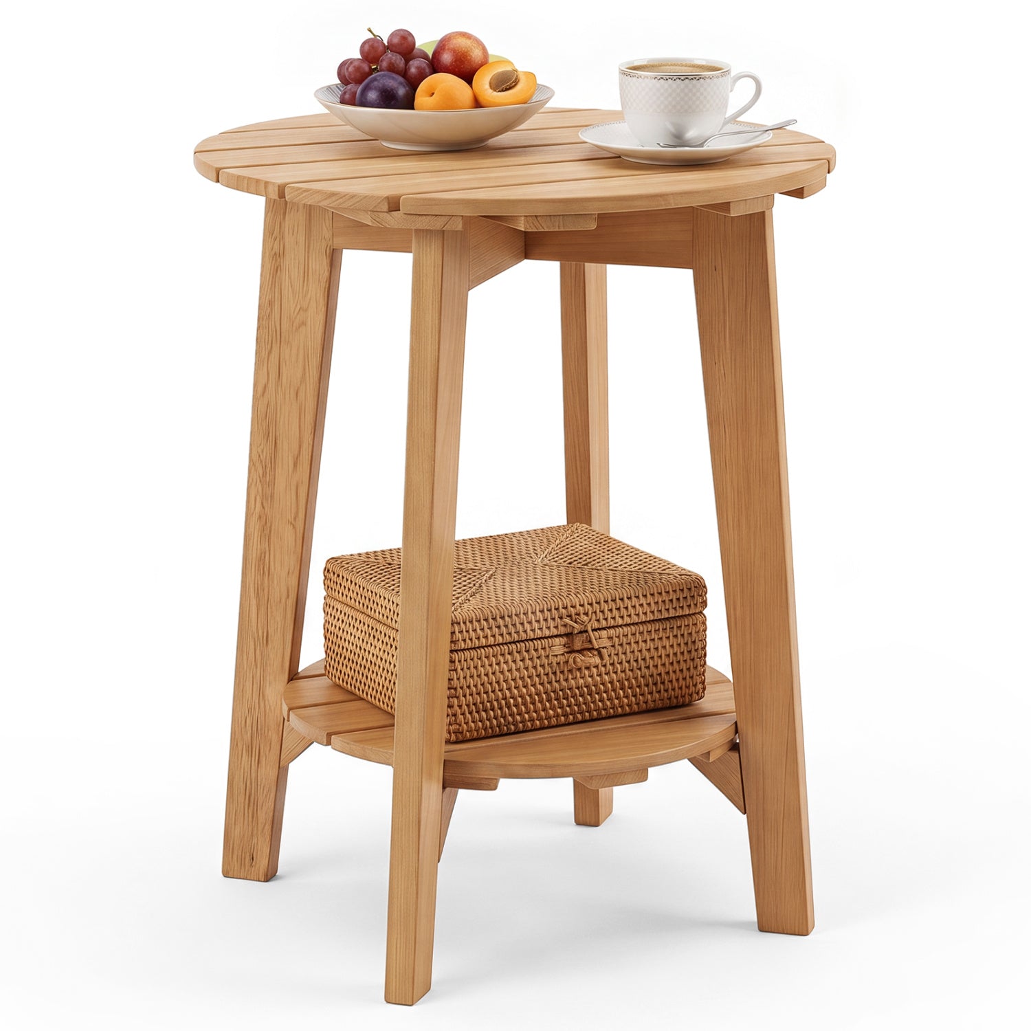 2-Tier eucalyptus wood patio side table with slatted round top and lower wicker shelf DirectDeals on Tampa Home & Garden Store