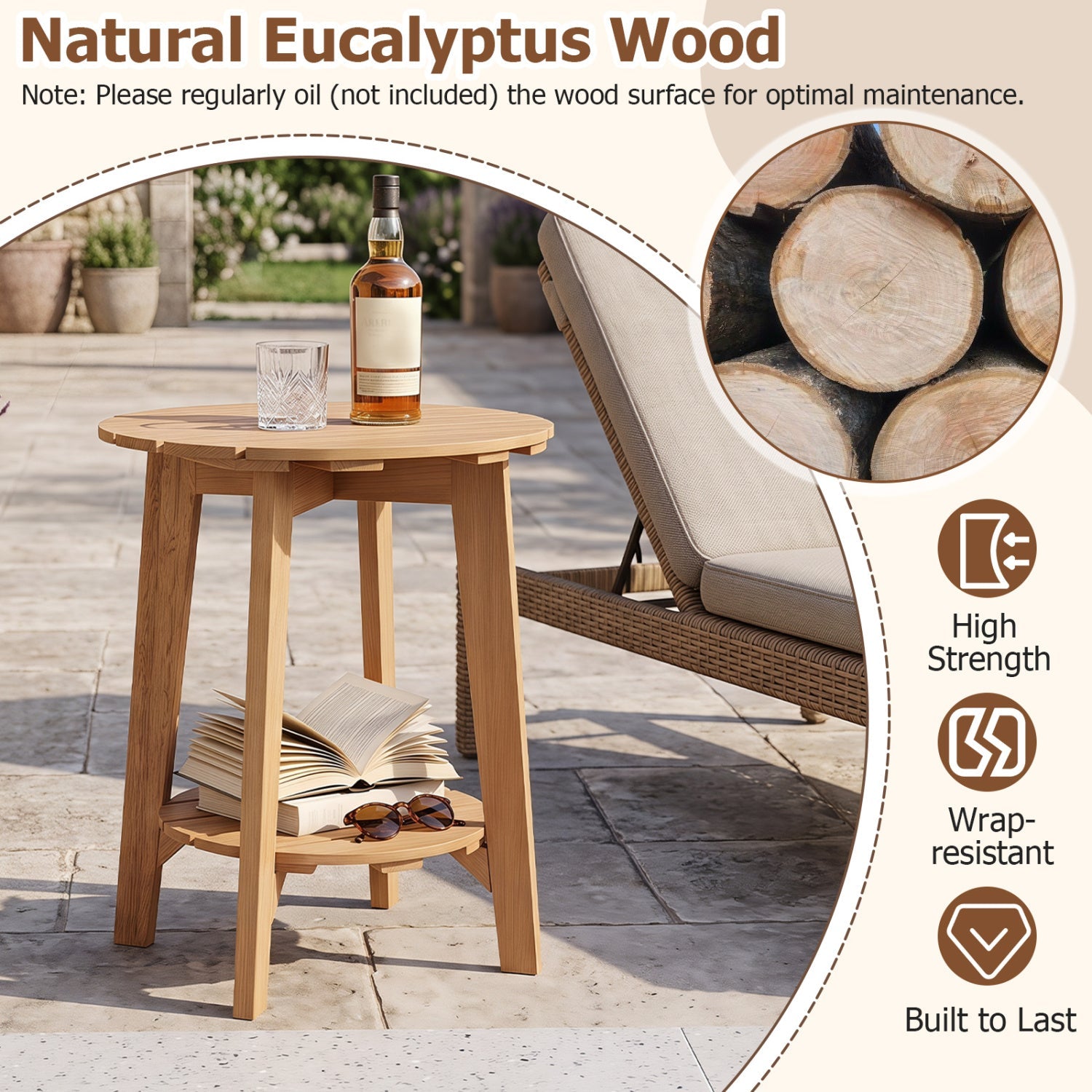 2-Tier eucalyptus wood patio side table with storage shelf in natural finish DirectDeals on Tampa Home & Garden Store