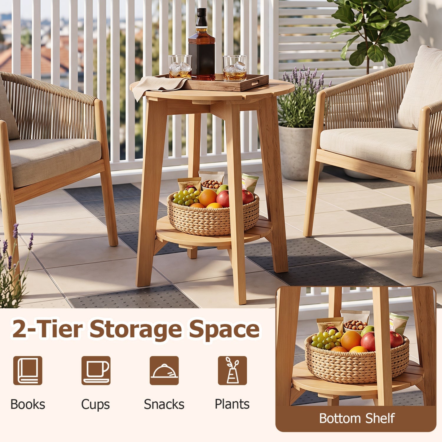 2-Tier Eucalyptus Wood Patio Side Table with Storage Shelf on balcony, top tray with bottle on Tampa Home & Garden Store