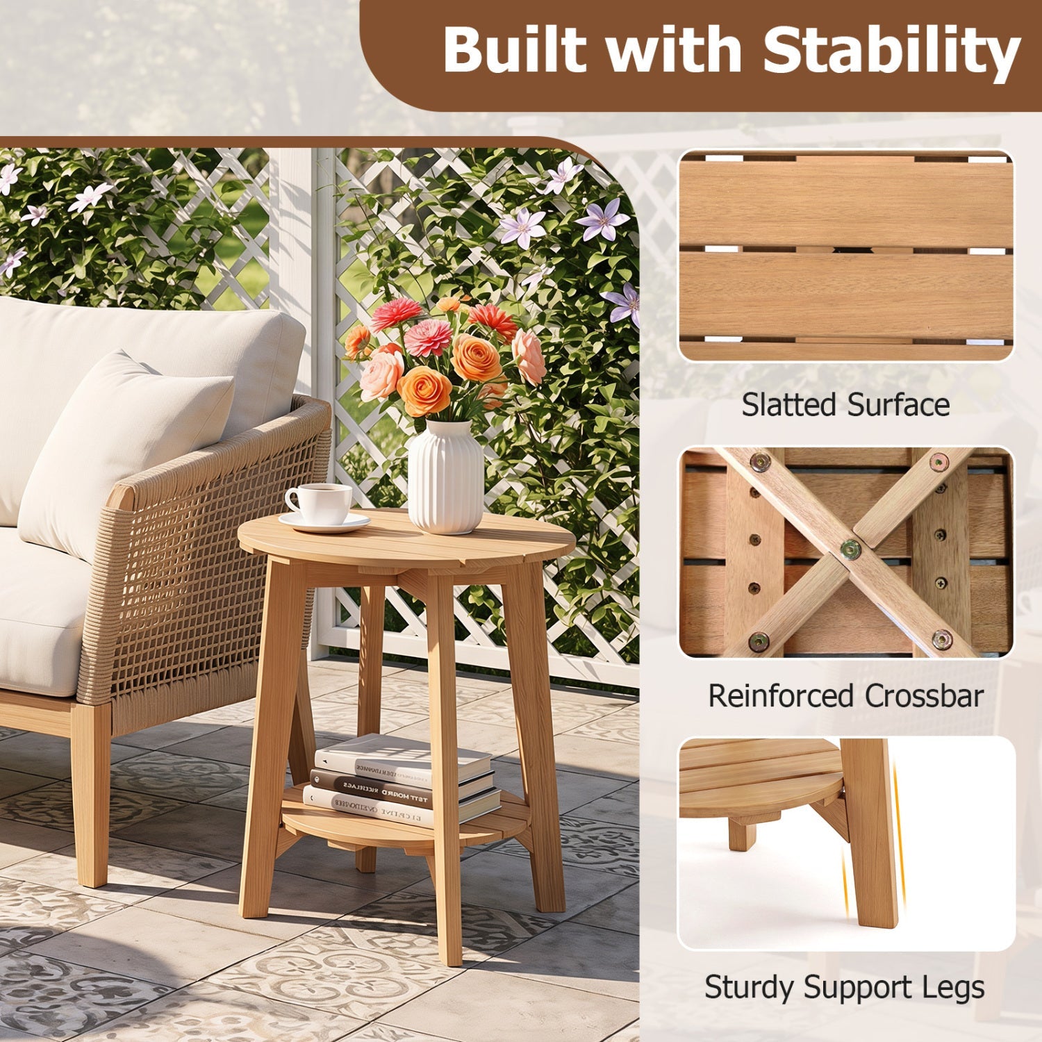 2-Tier Eucalyptus Wood Patio Side Table with Storage Shelf by DirectDeals, natural finish on Tampa Home & Garden Store
