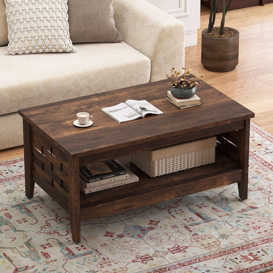 2-Tier Farmhouse Coffee Table with Open Shelf and Woven Decorations for Living Room - Tampa Home & Garden Store