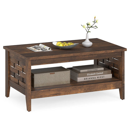 2-Tier Farmhouse Coffee Table with Open Shelf and Woven Decorations for Living Room