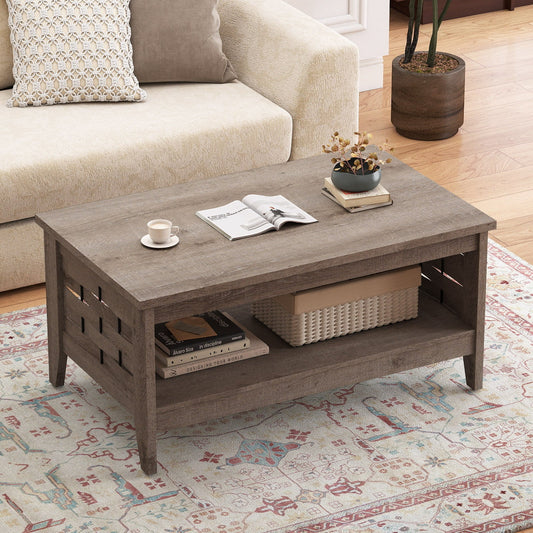 2-Tier Farmhouse Coffee Table with Open Shelf and Woven Decorations for Living Room - Tampa Home & Garden Store