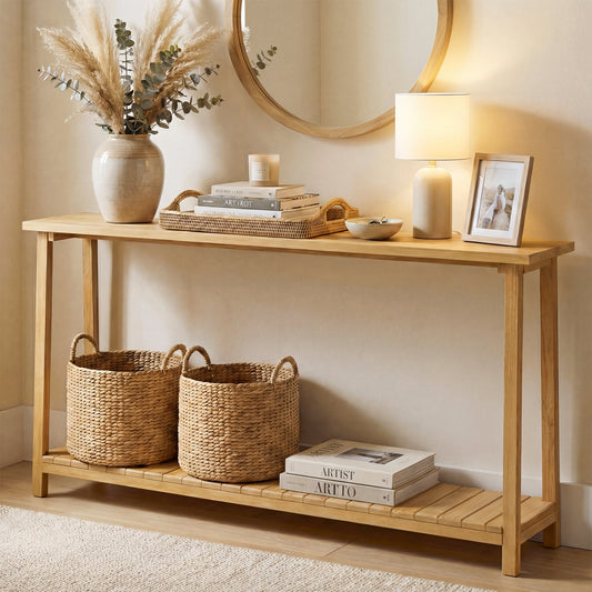 2-Tier Farmhouse Sofa Table with Teak Wood Frame and Storage Shelf - Tampa Home & Garden Store