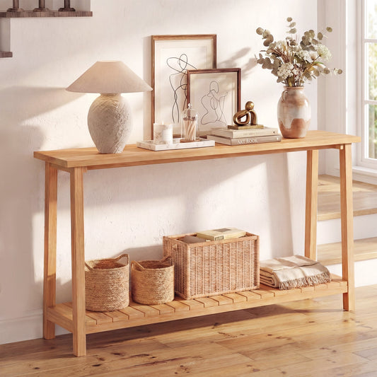 2-Tier Farmhouse Sofa Table with Teak Wood Frame and Storage Shelf - Tampa Home & Garden Store